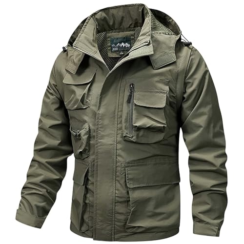 Veste militaire à capuche amovible pour homme, veste tactique militaire en softshell pour la marche, le camping avec plusieurs poches, fermeture éclair intégrale, coupe-vent, veste cargo, ag, 6XL