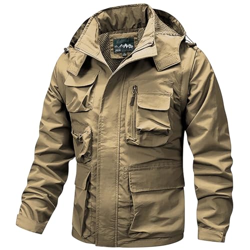 Veste militaire à capuche amovible pour homme, veste tactique militaire en softshell pour la marche, le camping avec plusieurs poches, fermeture éclair intégrale, coupe-vent, veste cargo, kaki, XXL