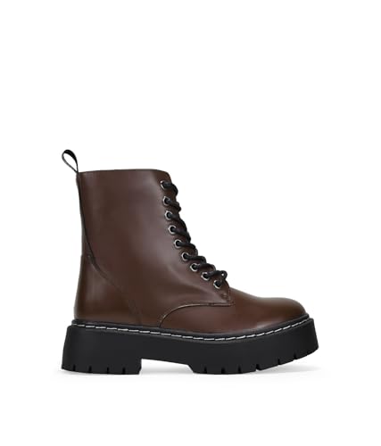 BOSANOVA Bottes militaires style punk en cuir vegan avec plateforme dentée et lacets jusqu'au sommet. Fermeture à glissière. Chaussures pour femme, marron, 38 EU