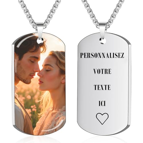 Collier Personnalisé avec Gravure Photo et Texte Pendentif Dog Tag Cadeau pour Homme Femme Couples Amis et Famille (Argent UV)