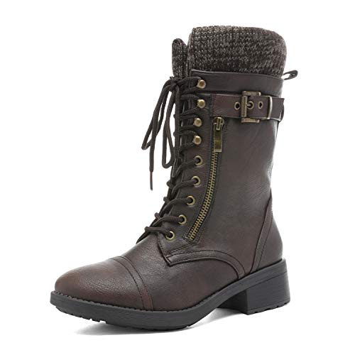 DREAM PAIRS Bottes Femme Lacées Mi-Mollet Style Combat – Bottes Militaires de Moto pour Automne et Hiver,Size 38.5,Brun