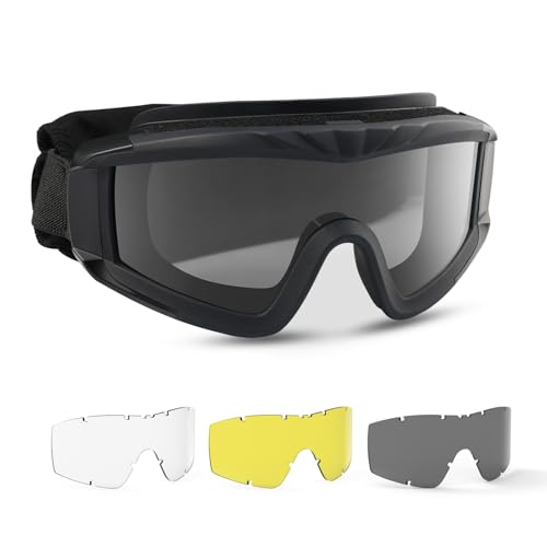 Feyachi Lunettes tactiques militaires avec 3 verres interchangeables - Protection UV400 - Lunettes de tir anti-buée - Pour sports de plein air, chasse, cyclisme, paintball - Noir