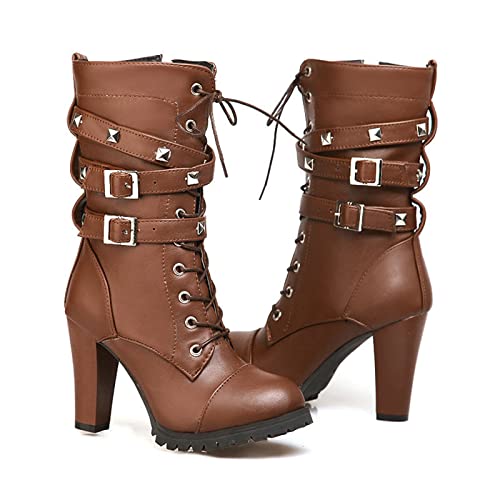 KUHAOFEU Bottines pour Femme Bottes Moto Style Gothique Punk Bottes De Motard avec Fermeture Éclair Bout Rond Clouté Chaîne À Lacets Bottes De Combat,Marron,44 EU