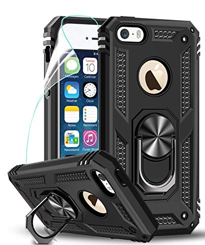 LeYi Coque pour Apple iPhone SE(2016), iPhone 5/ 5S avec Anneau Support, Double Couche Renforcée Défense Bumper TPU Silicone Antichoc Armure Housse Etui avec Protection écran iPhone SE 2016/5S/5 Noir