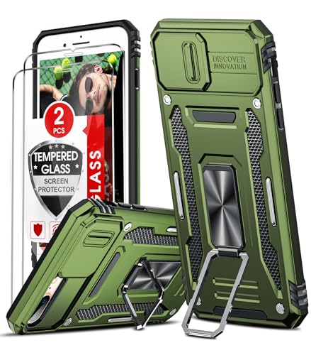 LeYi Coque pour iPhone 8 Plus,Coque iPhone 7 Plus et Protection Caméra Coulissante+2*Verre Trempé+Anneau Support, Étui de PC Dur et TPU Silicone Militaire Anti-Rayures Antichoc-Vert Olive