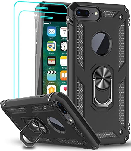 LeYi pour Coque iPhone 8 Plus/7 Plus, Coque iphone 6 Plus/6s Plus avec 2 Verre Trempé, Anneau Support Militaire Anti-Chute Renforcée Bumper Antichoc TPU Souple et PC Rigide Protection Etui Noir