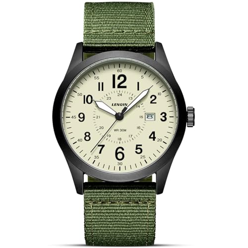 LN LENQIN Montres Hommes Montres Militaires Field Analog Quartz Montre pour Homme Affichez Les Montres de Poignet imperméables avec Date Nylon Band Army Tactical Sports (LN-0599-Green Black Yellow)