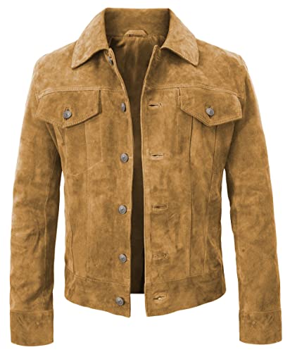 LP-FACON Veste de camionneur en daim noir pour homme Marron vintage, Marron clair - Cuir suédé, M Trucker
