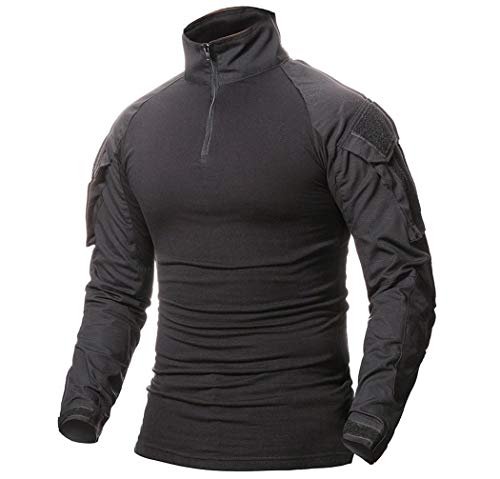 Oanviso Homme Chemises Pulls Combat Militaire Airsoft BDU Shirt Tenue Camouflage Hauts Uniforme Tactique Séchage Rapide avec Poches Coudières Manches Longues A Noir M