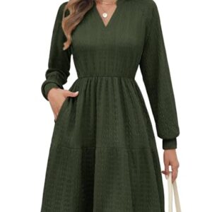 PASUDA Robe Femme Tricot Chic et Elegant Automne Hiver Tunique Midi Robe Manches Longues Doux Col en V Tenue Swing A-Ligne Taille Élastique Décontractée Fête avec Poches (Vert Militaire, XL)