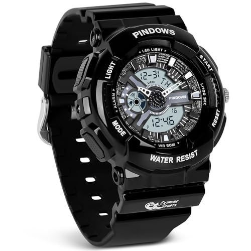 PINIDOUS Montre pour Femmes Montre pour Adolescents étudiants Outdoor Waterproof Montres de Sport Analogiques Numériques avec Chronomètre,Alarme,Compte à Rebours,Rétroéclairage 7 Couleurs