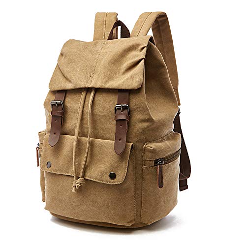 Rufun Sac à Dos en Toile Cartable Vintage pour Ordinateur Portable Daypack Randonnée Voyage Grande capacité Sac Unisexe (Kaki)