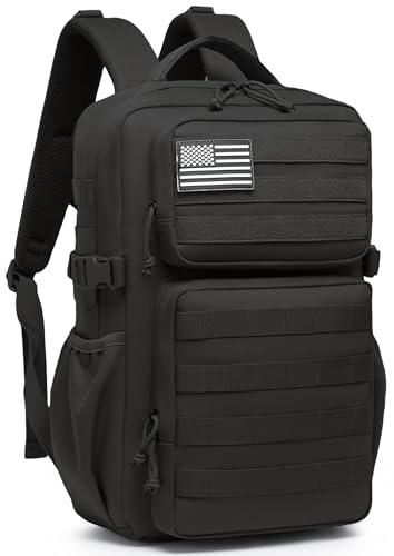 Sac à dos tactique militaire pour homme - Sac à dos étanche - 3 jours d'assaut - Avec porte-bouteille d'eau, Noir , 25 l, Sac à dos tactique