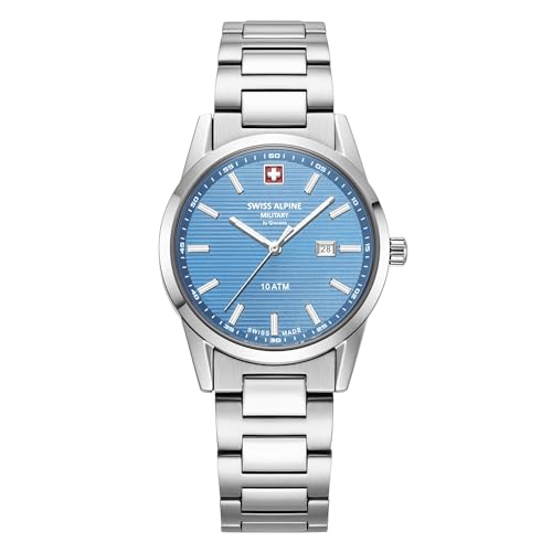 swiss alpine military 77767.1 Montre analogique à quartz pour femme en acier inoxydable, Acier/acier/bleu clair - 1131sam