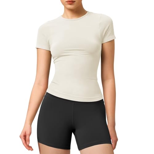 T-shirt de sport à col rond pour femme, léger, doux et extensible, t-shirt à manches courtes pour la vie décontractée, l'été, la gym, beige, XL