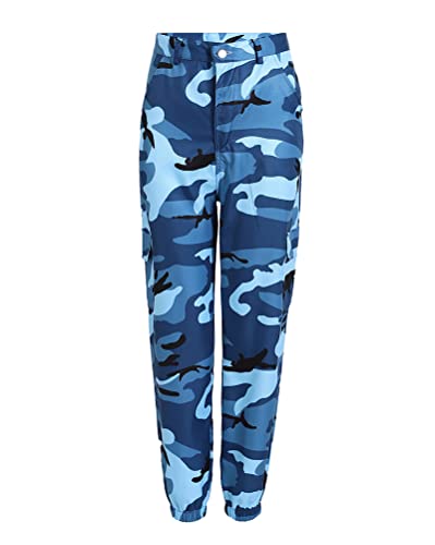 Tomwell Pantalon Cargo Femme Militaire Taille Haute avec Poche Mode Hip Hop Sweatpants Pantalon Imprimé Camouflage de Training Jogging Legging Bleu M
