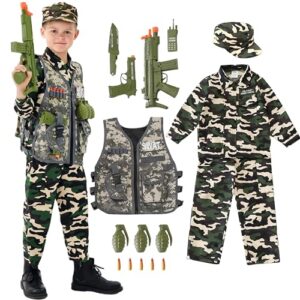 Udekit Deluxe Armée Uniforme Cosplay Costume Soldat Tenues avec Uniforme, Gilet Tactique, Grenade, Sabre, Balle, Interphone et Autres Jouets pour Enfants 9 à 12 Ans