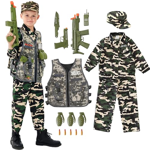 Udekit Deluxe Armée Uniforme Cosplay Costume Soldat Tenues avec Uniforme, Gilet Tactique, Grenade, Sabre, Balle, Interphone et Autres Jouets pour Enfants de 4 à 6 Ans