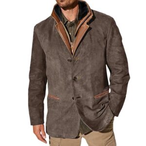 Vestes vintage en daim pour hommes, blazer double couche à revers en fourrure, col en cuir, longueur moyenne, blazer d'extérieur pour l'automne et l'hiver Mode Outwear