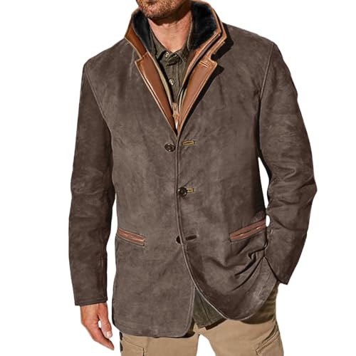 Vestes vintage en daim pour hommes, blazer double couche à revers en fourrure, col en cuir, longueur moyenne, blazer d'extérieur pour l'automne et l'hiver Mode Outwear