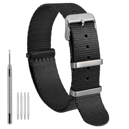 WOCCI 22mm Militaires Bracelet Montre, Bande en Nylon Monobloc pour Homme et Femme, Boucle Argentée (Noir)
