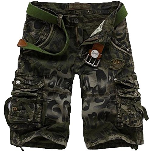 WSLCN Homme Militaire Cargo Shorts Outdoor 100% Coton Camouflage Bermudas Shorts Imprimée Vintage Pantacourt Multi-Poches (sans Ceinture) Verte Armée FR 42 (Asie 34)