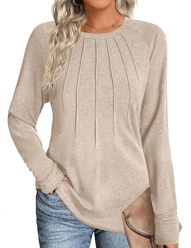 Zeagoo T-shirt à manches longues pour femme - Col rond - Élégant - Plié - Automne - Décontracté - Tunique basique - Couleur unie - S-XXL, beige, M