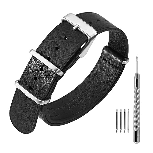 ANNEFIT Bracelets de Montre en Cuir 20mm, Cuir de Veau Véritable avec Boucle en Argent Brossé, Bracelet de Montre Militaire en une Pièce pour Homme et Femme (Noir)