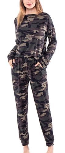 Awlsyj Ensemble pyjama 2 pièces pour femme, vêtements de nuit à manches longues avec poches, Camouflage vert kaki., L