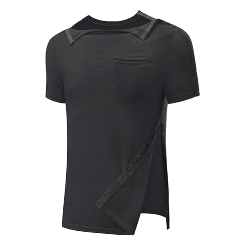 Chemise post-chirurgie – T-shirt unisexe de récupération des épaules avec boutons-pression latéraux gauche et droit pour homme et femme, Noir , XL