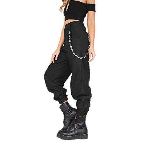 Cicilin Femme Cargo Pantalons Militaire Armée Combat Casual Jogger Hip Hop Pantalon Cargo avec Chaîne Taille Haute Décontracté avec Poches Noir L