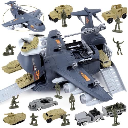 deAO Kit de Jouets Militaires avec 10 Figurines Soldats,10 Véhicules, Avion de Combat Miniature, Avions Jouets Transporteur Ensemble Cadeau pour Enfants 3-12 Ans (Armée, Char, Soldat de Combat)