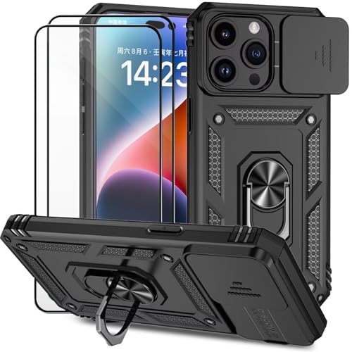 Dechyi Coque pour Iphone 14 Pro(6.1") avec Verre TrempéLentille Coulissante Couverture Support d’Anneau Rotatif Armor Silicone Étui Antichoc Housse Bumper-Noir