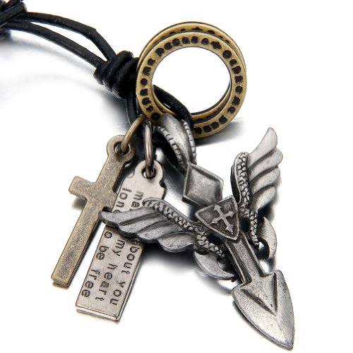 JewelryWe Bijoux Pendentif Collier Homme et Femme Croix Aile d'ange Militaire Tag Vintage Cuir Alliage Fantaisie Longueur Réglable 40-80cm avec Sac Cadeau