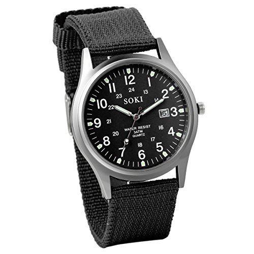 JewelryWe Montre Homme Bracelet en Tissu à Quartz,Montre Homme Mode Armée Militaire PU Alliage, Calendrier Numérique Lumineux Littéral Montre Aiguille Tissé(Noir)