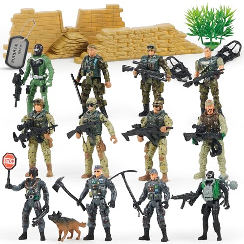 JOYIN 16 Pièces Soldats Militaires Jouets Ensemble de Jeu Figurines avec 12 Figurines d'action Réalistes de Garde Forestier et Accessoires d'Équipement d'Arme pour Combat Militaires