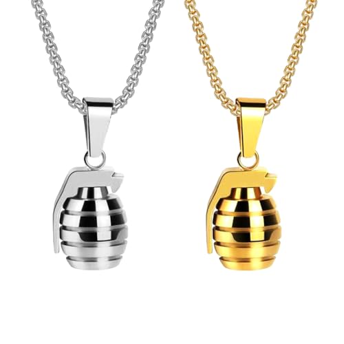 Kawailay 2 pièces Grenade collier style militaire arme collier gothique PUNK vélo Rock Hip Hop pendentif collier homme femme - argent et or