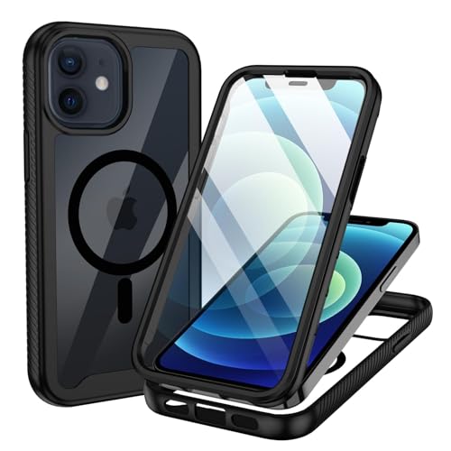 KetteTech Coque Magnétique pour iPhone 12 Mini, Compatible avec MagSafe,360° Intégrale Antichoc Téléphone Housse avec Protection écran, Double Face Case Etui Transparente - Noir