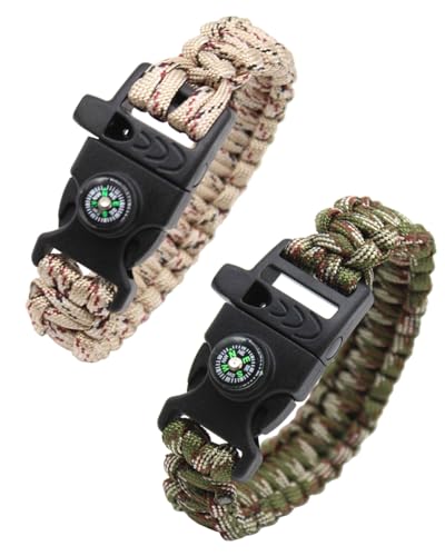 KGDUYC Bracelet 2 pièces en corde de parachute tressée,bracelet de survie en extérieur,bracelet de corde de parachute polyvalent,sifflet,boussole,activités de plein air(comme illustré en 2 Camouflage)