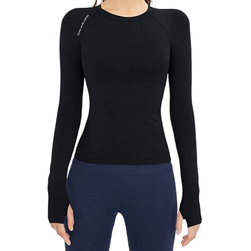 Klijuiaup T-shirt de compression respirant à manches longues pour femme - Pour entraînement, yoga, sport, fitness, Noir , S