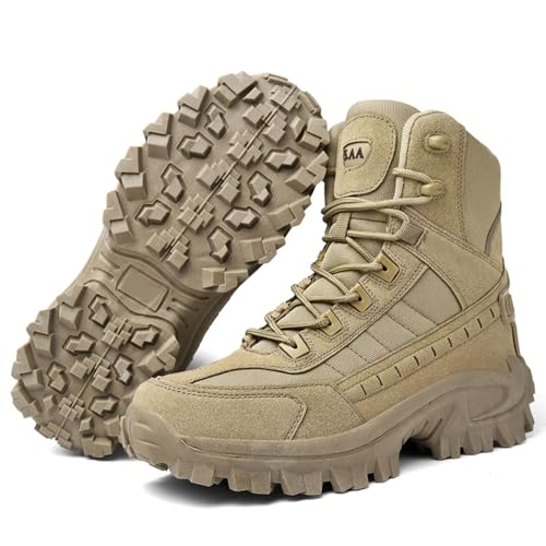 LDZDGD Bottes Tactiques pour Hommes avec Fermeture Éclair Latérale, Bottes de Combat Militaires Imperméables, Bottes de Randonnée et D'extérieur Légères et Confortables(Khaki,43 EU)