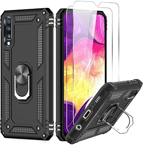 LeYi Coque pour Samsung Galaxy A50 / A50S / A30S avec [2 Pcs Verre Trempé] Anneau Support, Double Renforcée Défense Bumper TPU Silicone Antichoc Armure Housse Etui pour Samsung A50/A50S/A30S Noir