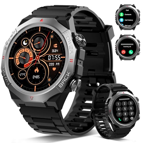 Militaire Montre Connectée Homme Femme avec Appel Bluetooth, 1.39" HD Smartwatch Motre Sport avec 110+ Modes Sportifs, Podometre Cardiofrequencemetre Sommeil, Etanche IP68 pour Android/iOS, Noir