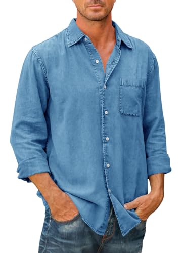 PADOLA Chemise Homme à Manches Longues Vintage Regular Fit Chemises de Travail Style Cowboy Surchemise avec Poche Poitrine Effet usé Tenue Militaire Chemisette (1 Bleu, L)