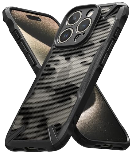 Ringke Compatible avec Coque iPhone 15 Pro Max [Fusion-X] Antichoc Protection [Militaire Défense] Résistant aux Rayures Polycarbonate Solide Rigide TPU Bumper Noir - Camo Black