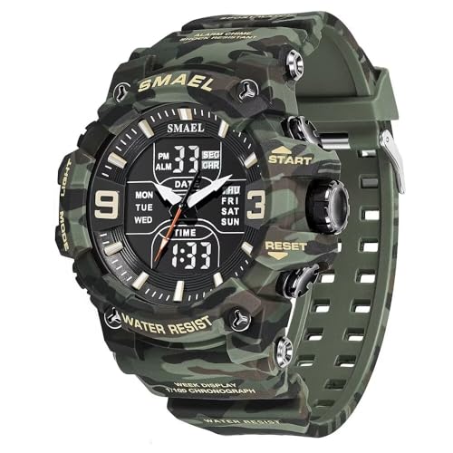 SMAEL Montre de sport militaire numérique étanche à LED avec date et alarme pour homme, Noir/motif camouflage, Large Face, Militaire