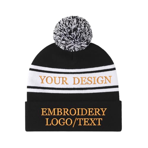 TOPTIE Bonnet à Revers rayé brodé personnalisé avec Pompon, Chapeau Unisexe d'hiver et de Sport