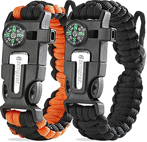 aZengear Bracelet de Paracorde et Survie, Militaire Kit avec Allume-feu - Boussole - Sifflet - Tactique Multi-Fonctionnel (Noir et Orange (Paire))