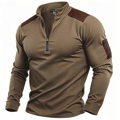 Generisch T-shirt de combat tactique pour homme - Manches longues - Col zippé - Coupe ajustée - Camouflage - Paintball - Airsoft - Armée allemande - Uniforme militaire - Pull streetwear, O Marron., L
