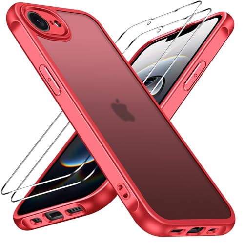 ivoler Coque Mat pour iPhone SE 4 2025 (4e Génération) 6.1 Pouces avec 2 Pièces Verre Trempé, [Protection Antichoc Militaire] Arrière Translucide Étui de Protection Mince Bumper Housse, Rouge